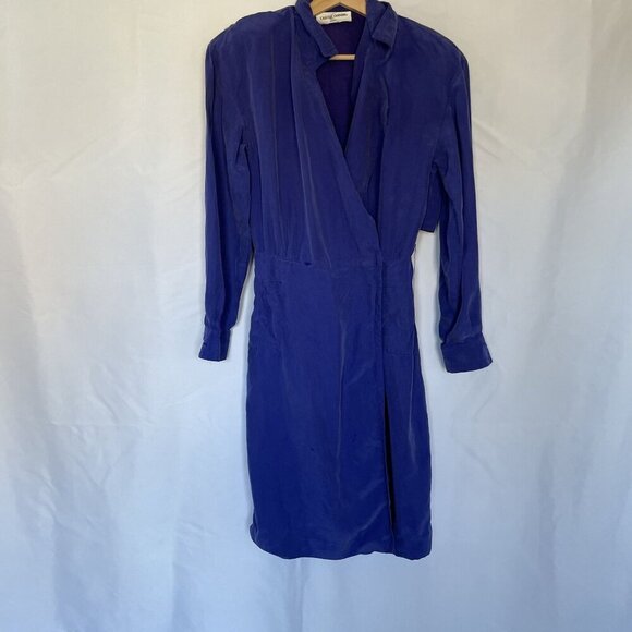 Casual Corner Womens Silk Wrap Dress With Long Sleeves Pockets Royal Blue Size 8 - Picture 1 of 12